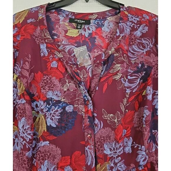 Chelsea Studio~Plus Size(26/28)2X~ Red/Brown Floral Button-Up Bloyse 3/4 Sleeve - Picture 12 of 14